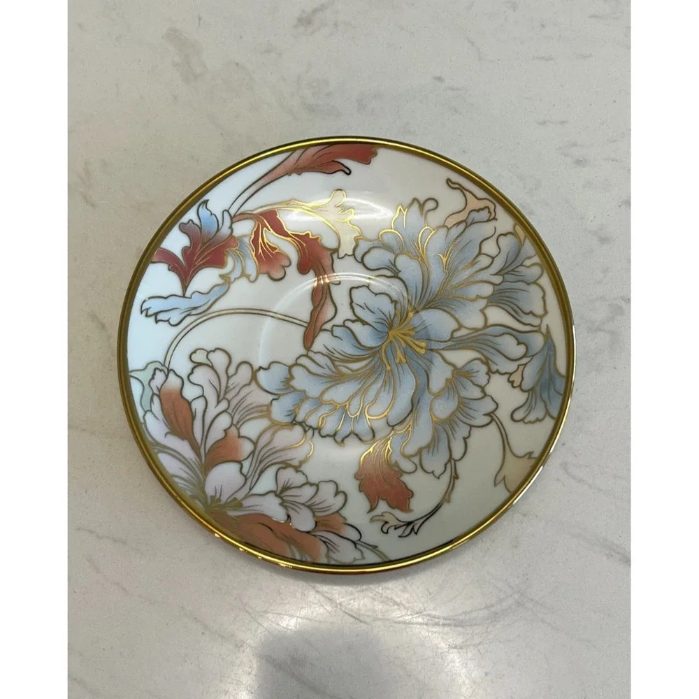 Gold Rim Peony Floral Teacup‎ Saucer Spoon Set Fine Porcelain Cottagecore Party
